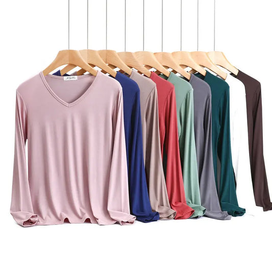 Modal Bottoming Tshirt Long sleeves thin Mask T-shirts Solid color V-Neck Base Tee Tops Plus size loose undershirt all match