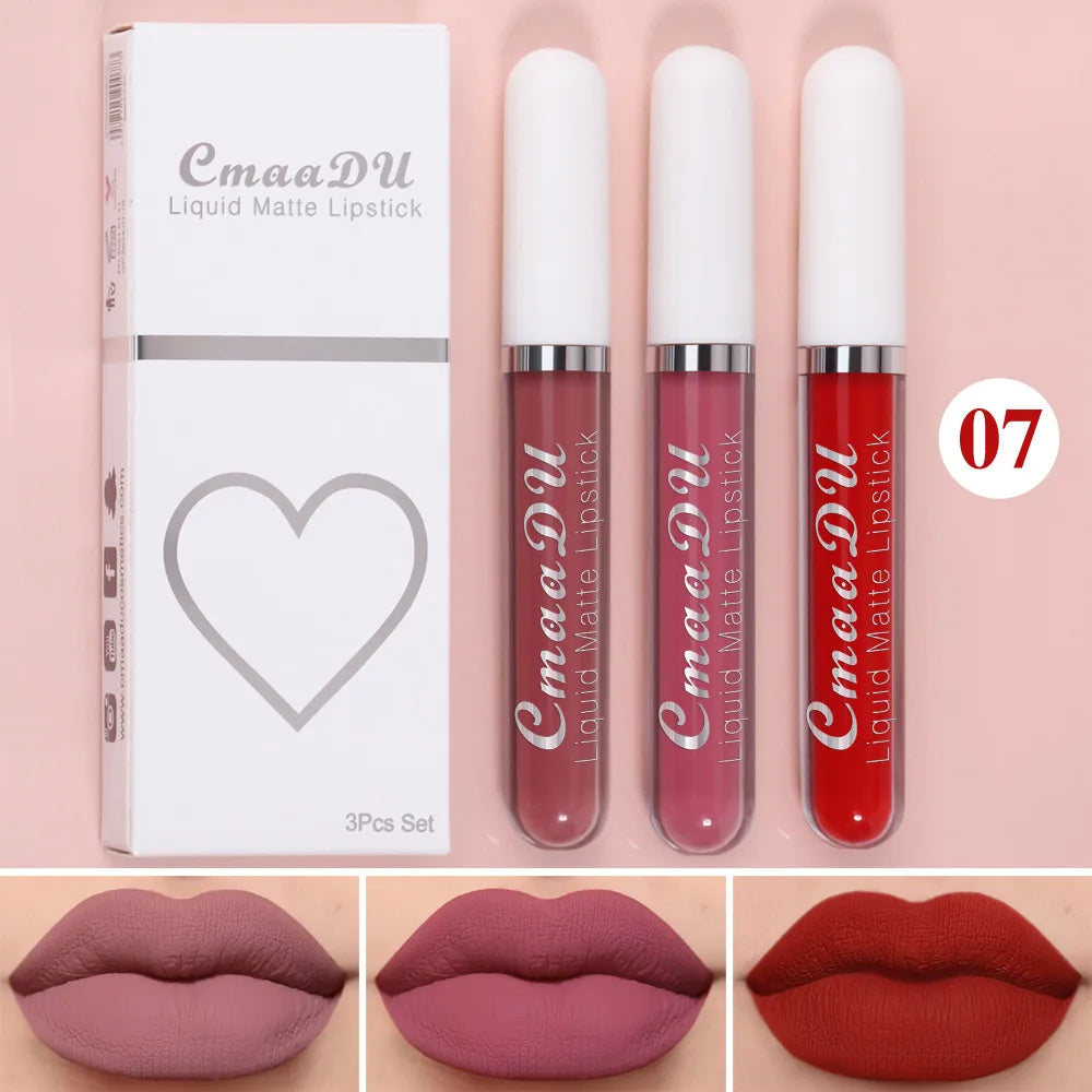 Juego de 3 brillos labiales de terciopelo mate, resistentes al agua, de larga duración, líquidos, cosméticos, maquillaje que dura 24 horas.