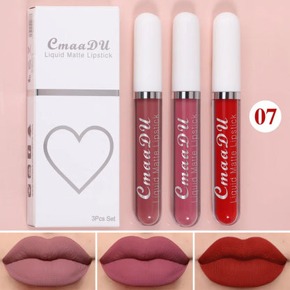 Juego de 3 brillos labiales de terciopelo mate, resistentes al agua, de larga duración, líquidos, cosméticos, maquillaje que dura 24 horas.