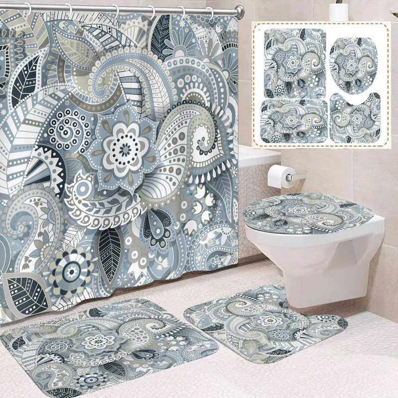 VIKAMA Tropical Plant Leaves Shower Curtain Set  Monstera Print Pattern Green Palm Leaf  Home Decor Bath Mat Toilet Lid Cover