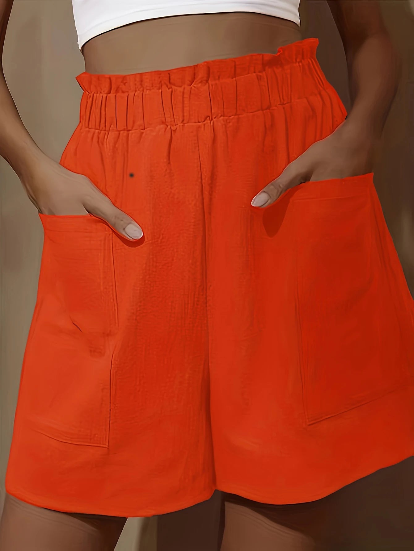 Plus Size Solid PaperBag Waist Pocket Shorts Casual Loose Pants For Spring & Summer Women's Plus Size Clothing