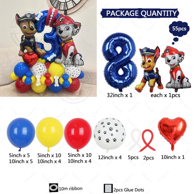 Paw Patrol Latex Balloon Decoration for Boy, Dog Paw Printing, Birthday Party Decorations, Blue Number, 55Pcs 