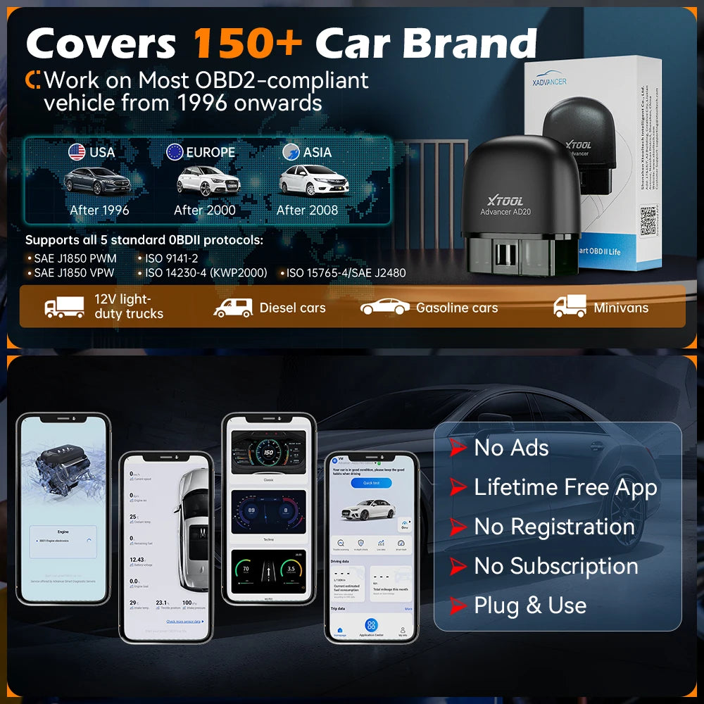 XTOOL Advancer AD20 Mini Bluetooth 5.0 OBD2 Escáner con funciones OBD2 completas Herramienta de diagnóstico de coche Lectura/borrado de códigos de falla Universal