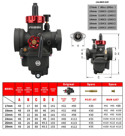 NIBBI PE19mm/PE22mm/PE24mm/PE26mm/PE28mm Flange Carburetor for Motorcycle 2T 4T GY6 Engine 100cc-250ccATV Yamaha Racing Pitbike