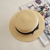 COKPanama Simple Summer Beach Sun Protection Bowknot French-Style Small Hat, Women's Casual Flat-Brimmed Straw Hat with Bow