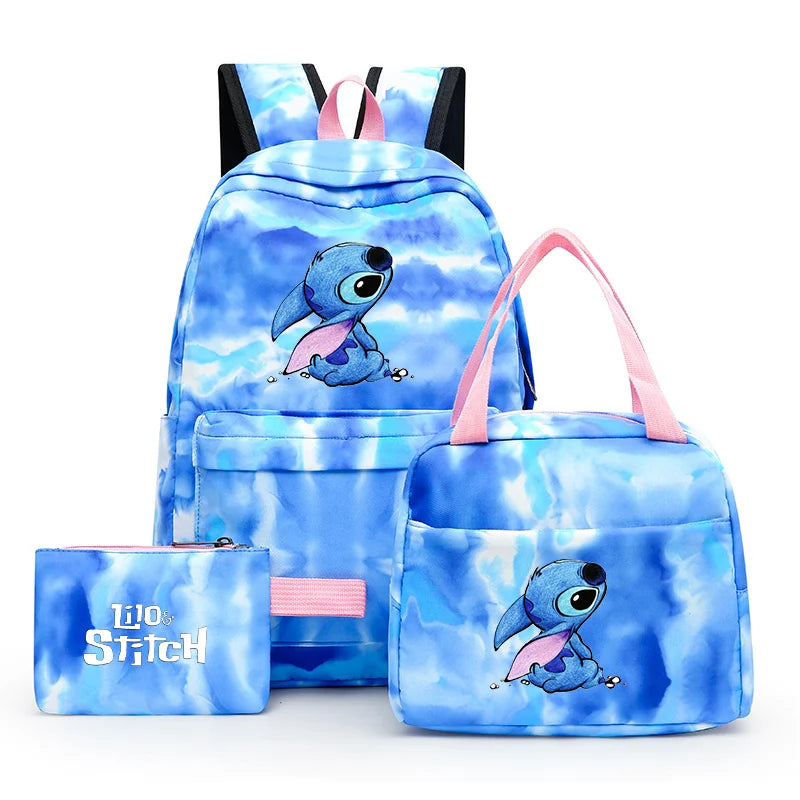 3pcs Disney Lilo Stitch Colorful Backpack with Lunch Bag for Women Student Teenagers Rucksack Casual School Bags Sets