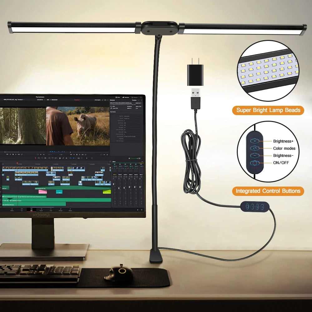 Double Head LED Clip Desk Lamp Architect Table Lamp for Home Office Lighting 3 Color Mode and 10 Dimmable Eye Protect Desk lamps