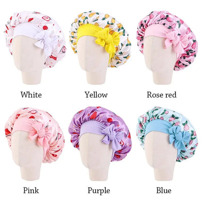 Kids Satin Bonnet Sleep Hat Silk Shower Cap for Child Hair Beanie At Night Boy Girls Flower Printed Silk Sleep Cap with Band Bow