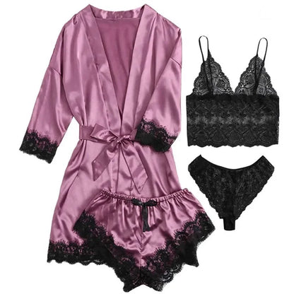 Pijama de 4 piezas para mujer, con bata, lencería sexy de encaje, bata de baño de seda satinada, ropa de dormir para el hogar.