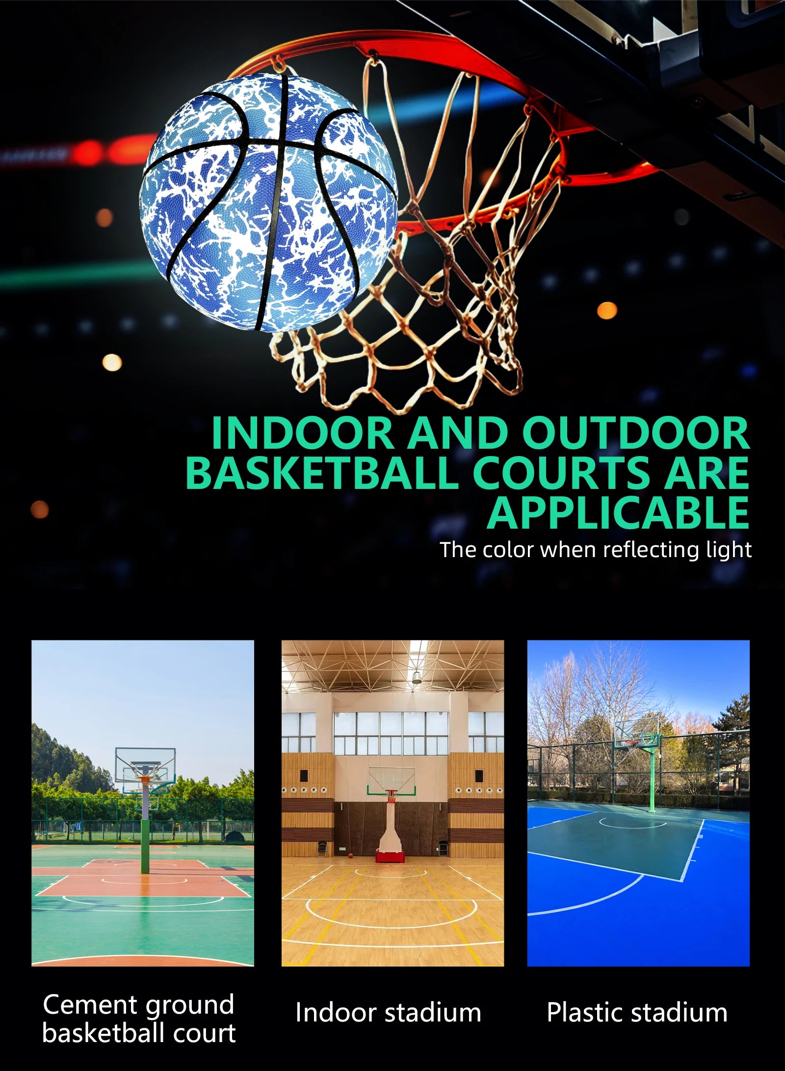 Glow Reflective Basketball Adult & Children Youth Wear-resistant Luminous Basketball Size 7/6/5 PU Soft Leather Game Training Ball