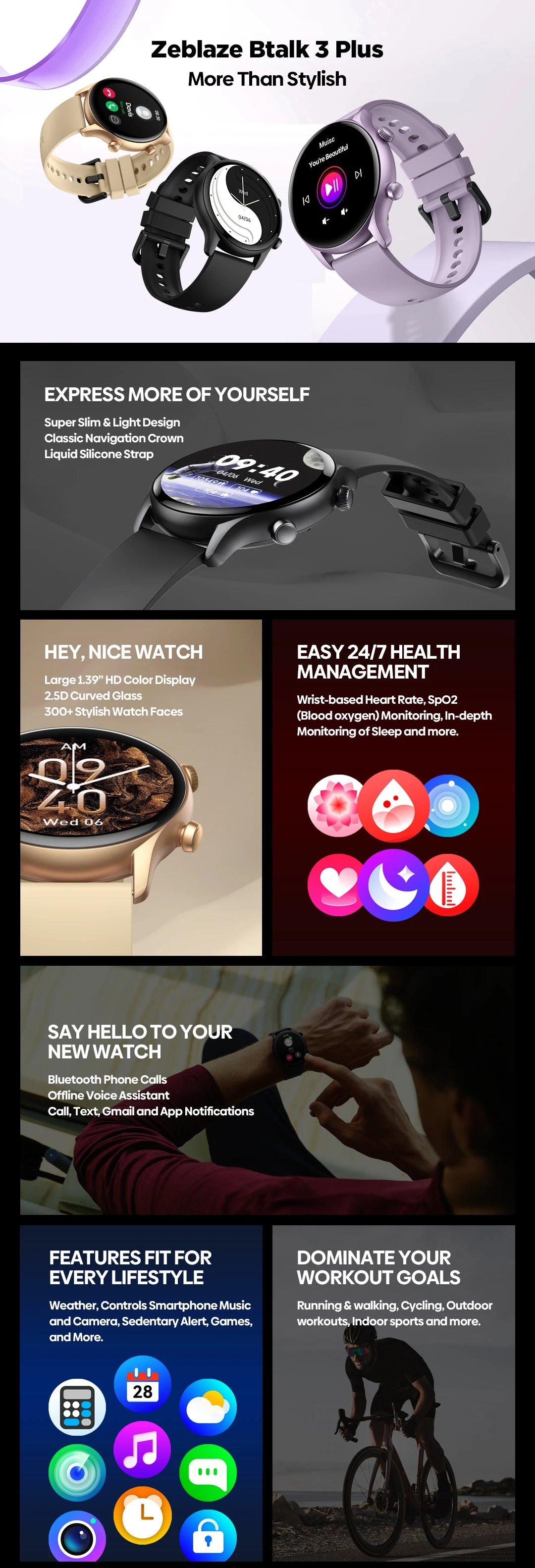 New Zeblaze Btalk 3 Plus Voice Calling Smart Watch 1.39'' Large HD Color Display Fitness Tracking Smartwatch for Men and Ladies