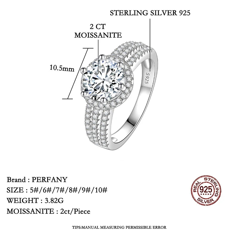 PERFANY 2/3CT Moissanite Ring for Women S925 Pure Silver Plated 18K White Gold Diamond Wedding Ring Luxurious Wedding Jewelry