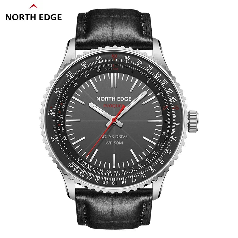 Reloj NORTH EDGE EVOQUE 3 Pilot Series para hombre, de aviación, militar, con energía solar, correa de cuero, caja luminosa de acero inoxidable.