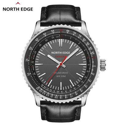 Reloj NORTH EDGE EVOQUE 3 Pilot Series para hombre, de aviación, militar, con energía solar, correa de cuero, caja luminosa de acero inoxidable.