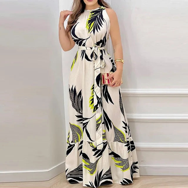 Women's Sexy Sleeveless Hanging Neck Bow Waist Elegant Printed Lotus Skirt Floor Length Summer New Dress 