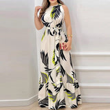 Women's Sexy Sleeveless Hanging Neck Bow Waist Elegant Printed Lotus Skirt Floor Length Summer New Dress 