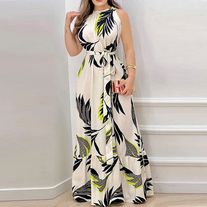 Vestido de verano para mujer, nuevo, sexy, sin mangas, con cuello colgante y cordones en la cintura, falda a la moda con estampado de hojas de loto, largo hasta el suelo.