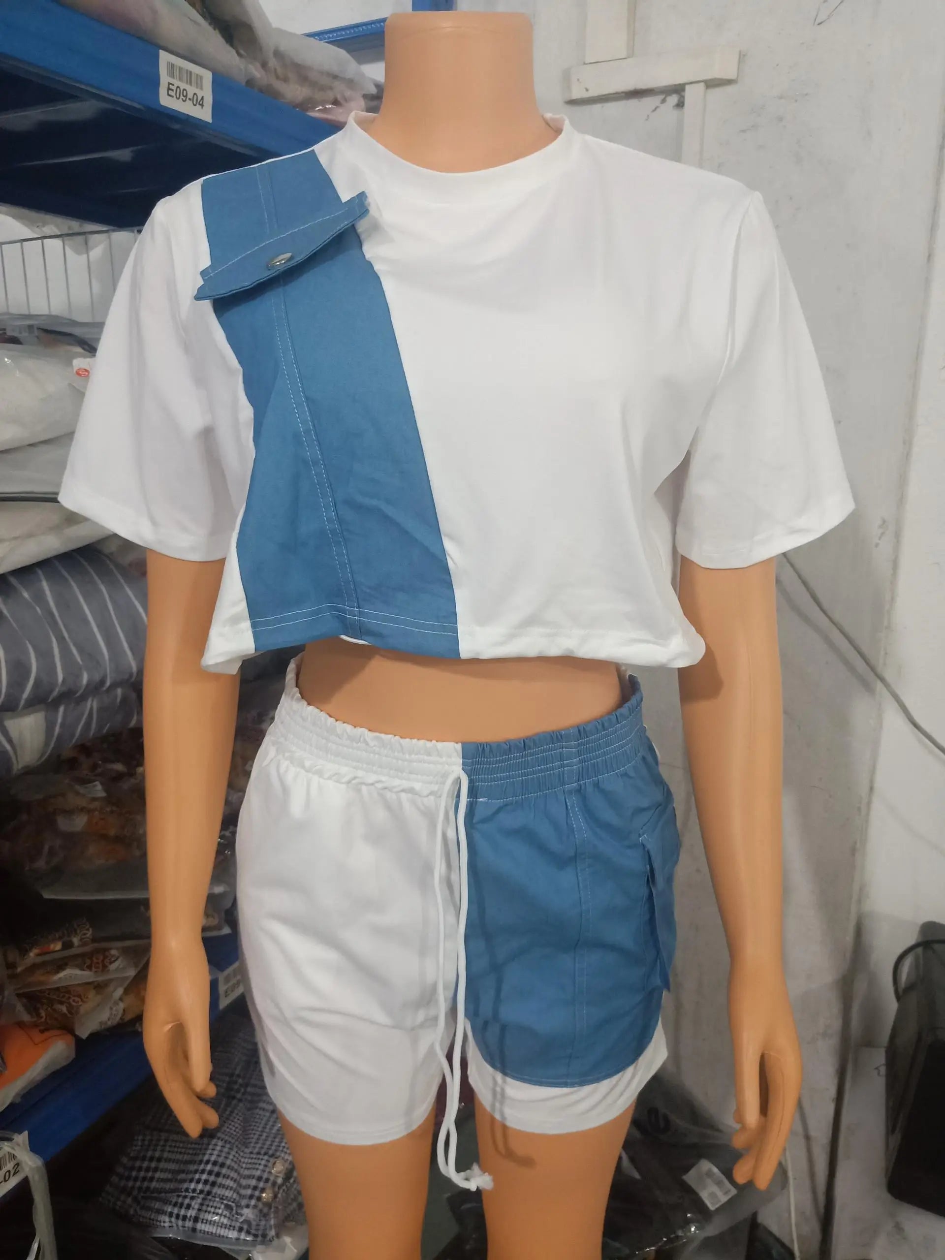 Two Piece Sets Womens Outifits 2023 Summer Fashion Denim Patch Round Neck Short Sleeve Top & Casual Drawstring Pocket Shorts Set