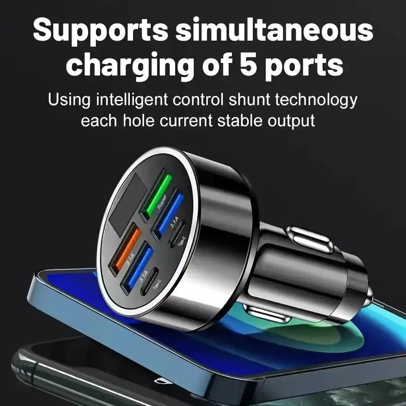 300W PD Car Charger 6 Ports Fast Charging QC3.0 USB C Car Phone Charger Type C Adapter Dual PD Super Fast with Digital Display