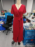 Women's New Solid V Neck Flutter Sleeve Tie Waist Split Wide Leg Jumpsuit Elegant Slimming Versatile Party Daily Casual Jumpsuit