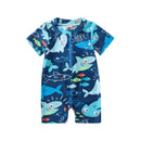 Newborn Baby Infant Boys Swimsuit with Hat Cartoon Tree Print Short Sleeve Round Neck Half Zipper Jumpsuit Bathing Suit