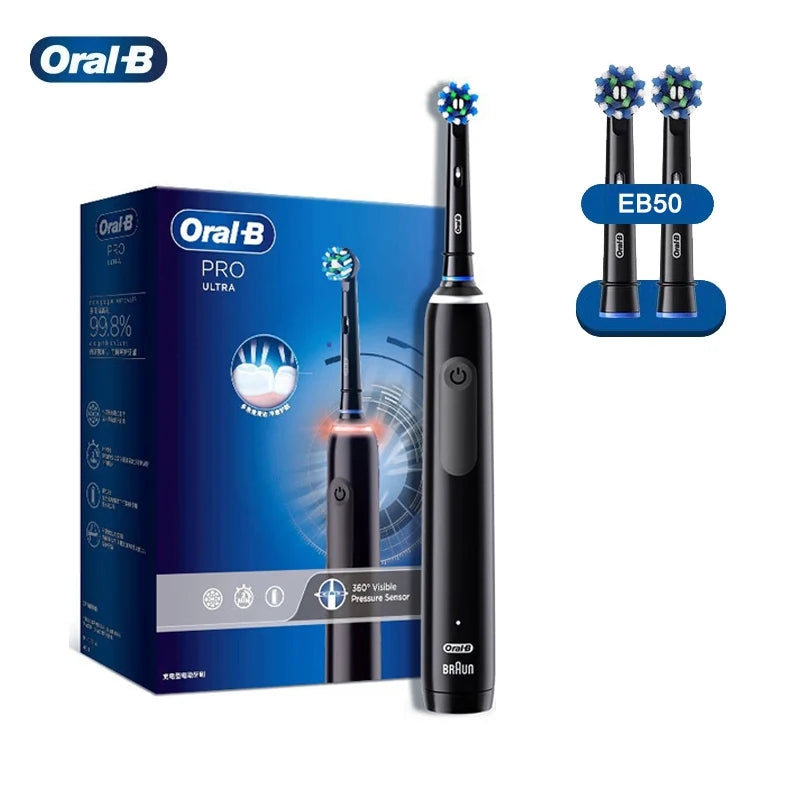 Cepillo de dientes eléctrico Oral B Pro 4 Ultra con rotación 3D, recargable, sensor de presión, 4 modos de cepillado y temporizador de 2 minutos.