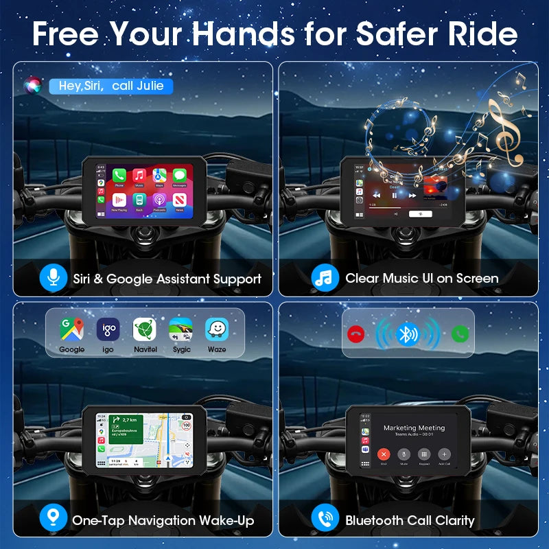 5" Portable Motorcycle Navigation GPS Wireless Carplay&Android Auto Moto Monitor IPX7 Waterproof Display Dual Bluetooth 5.0