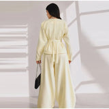 Solid Yellow Pant 2 Piece Set Women's Full Sleeves Buttons Waist-cinching Coats Wide-leg Trousers 2026 New Ladies Autumn Outfit