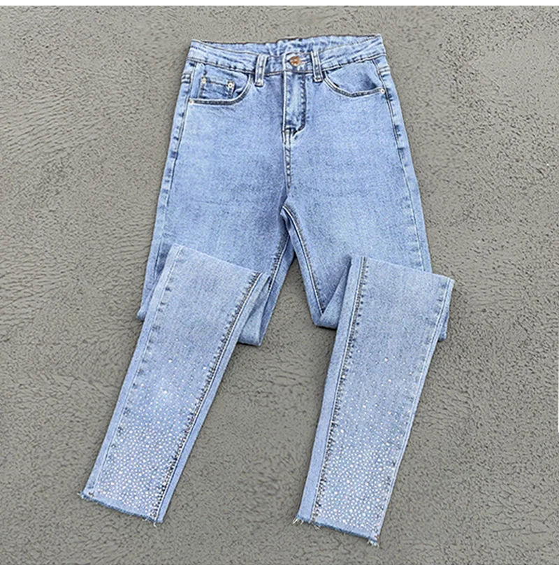 Spring Summer 2024 New Fashion Harem Denim Pants Female Rhinestones Korean Version High Waist Slim Elastic Jeans Pencil Pants