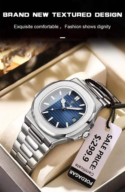 POEDAGAR Square Luxury Men Wristwatch Waterproof Luminous Date Stainless Steel Male Clock Business Sports Quartz Watches For Men