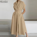 Women Summer OL Work Dress ZANZEA Elegant Short Sleeve Office Sundress Casual Solid A Line Buttons Holiday Vestidos Kaftan Robe