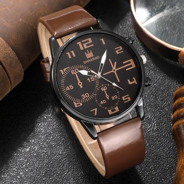 Kegllect-5pcs Men's Round Dial Quartz Watch Leather Strap Bracelet Set Ideal Gift Choice No Box 