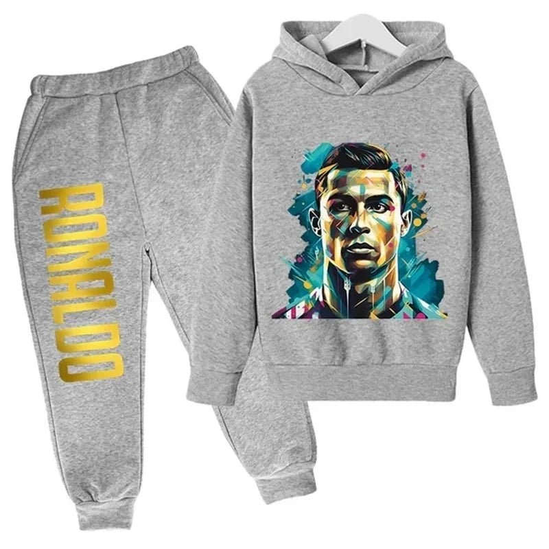 Autumn and Winter Ronaldo Creative Printed Children's Hoodie Set, Warm Fleece Hooded Pants Two-Piece Sports Set for Autumn and Winter