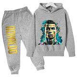 Autumn and Winter Ronaldo Creative Printed Children's Hoodie Set, Warm Fleece Hooded Pants Two-Piece Sports Set for Autumn and Winter
