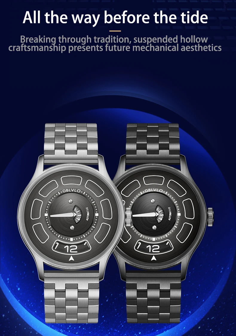 OBLVLO BLM-UFO Unique UFO-Shaped Automatic Watch with Luminous Silicone Strap And Steel Bracelet Waterproof Mechanical Timepiece