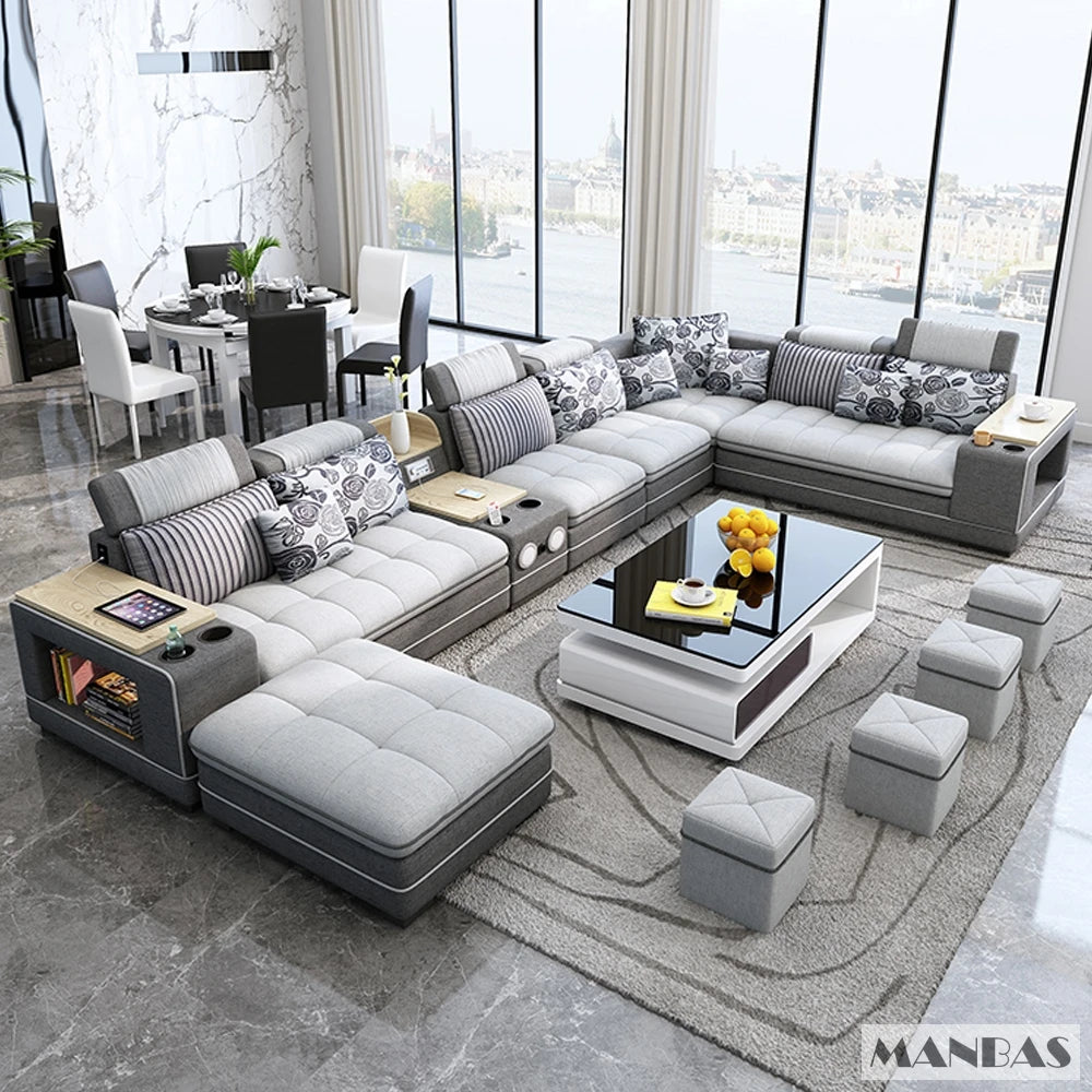 Conjunto de sofás nórdicos de tela MINGDIBAO con altavoz Bluetooth y USB - Sofás modulares modernos para sala de estar, sofá esquinero grande de tela en forma de U