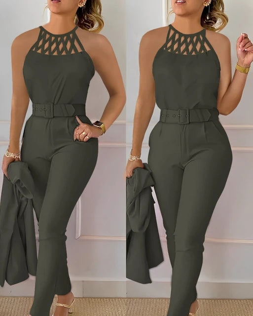 Conjunto diário de calças feminino oco com gola redonda sem mangas regata e bolso casual, roupa fashion, verão, 2 peças, 2024