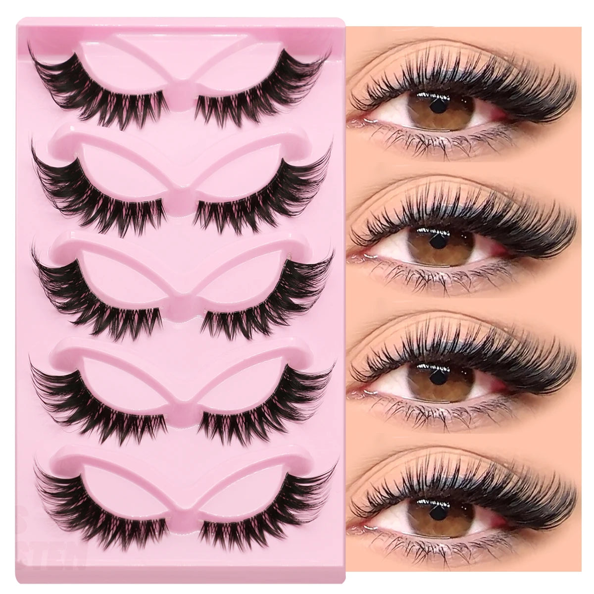 GROINNEYA Cat Eye Lashes 5 Pairs Natural Fake Eyelashes Clear Band Lashes Natural long Winged End Eye Elongated Eyelashes Makeup