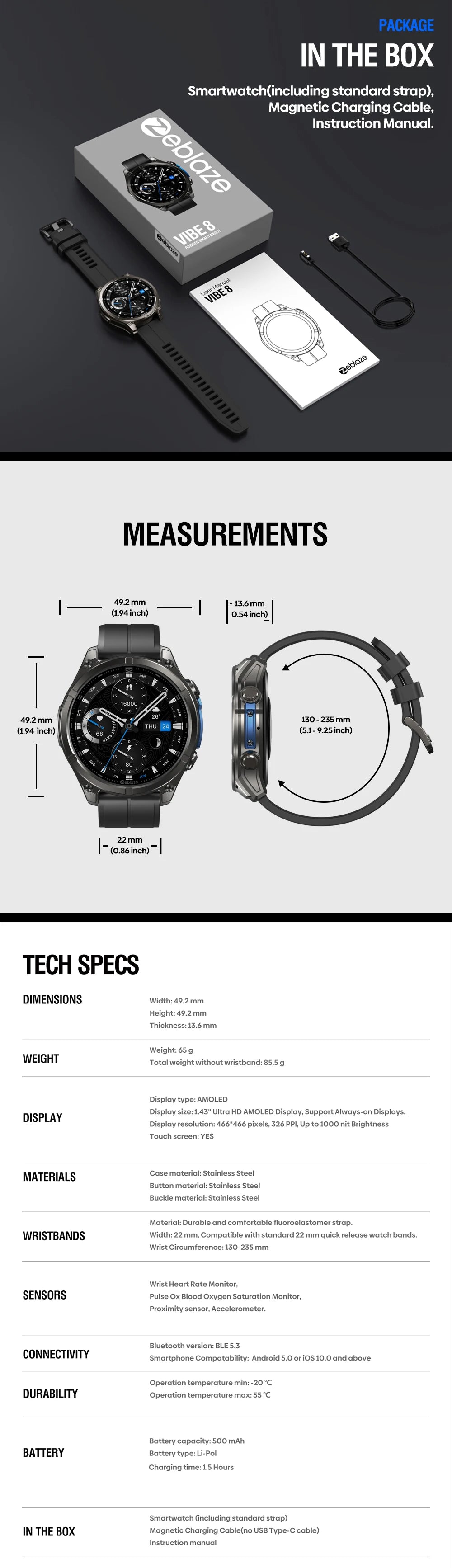 NEW 2025 Zeblaze VIBE 8 Voice Calling 1.43" AMOLED Display Smart Watch Built-in Flashlight Heart Rate Blood Pressure Smart Watch