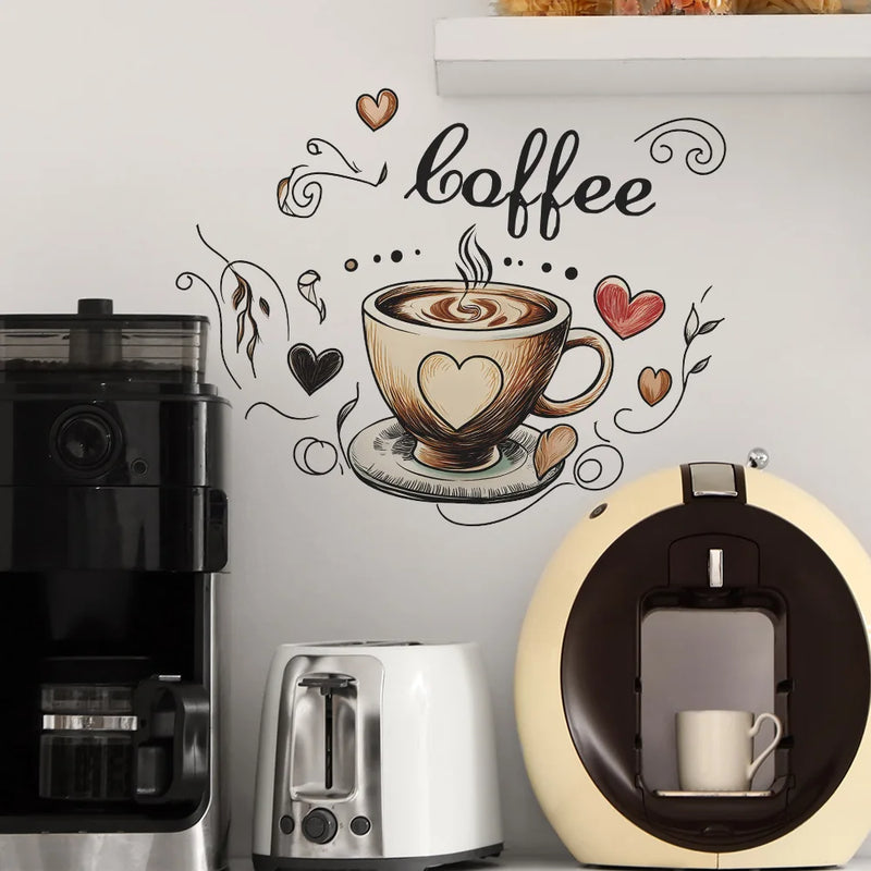 Creative Love Coffee Cup Wall Stickers For Cafe Background Decoration Wallpaper Kitchen Beautify Home Decor Self-adhesive Decals