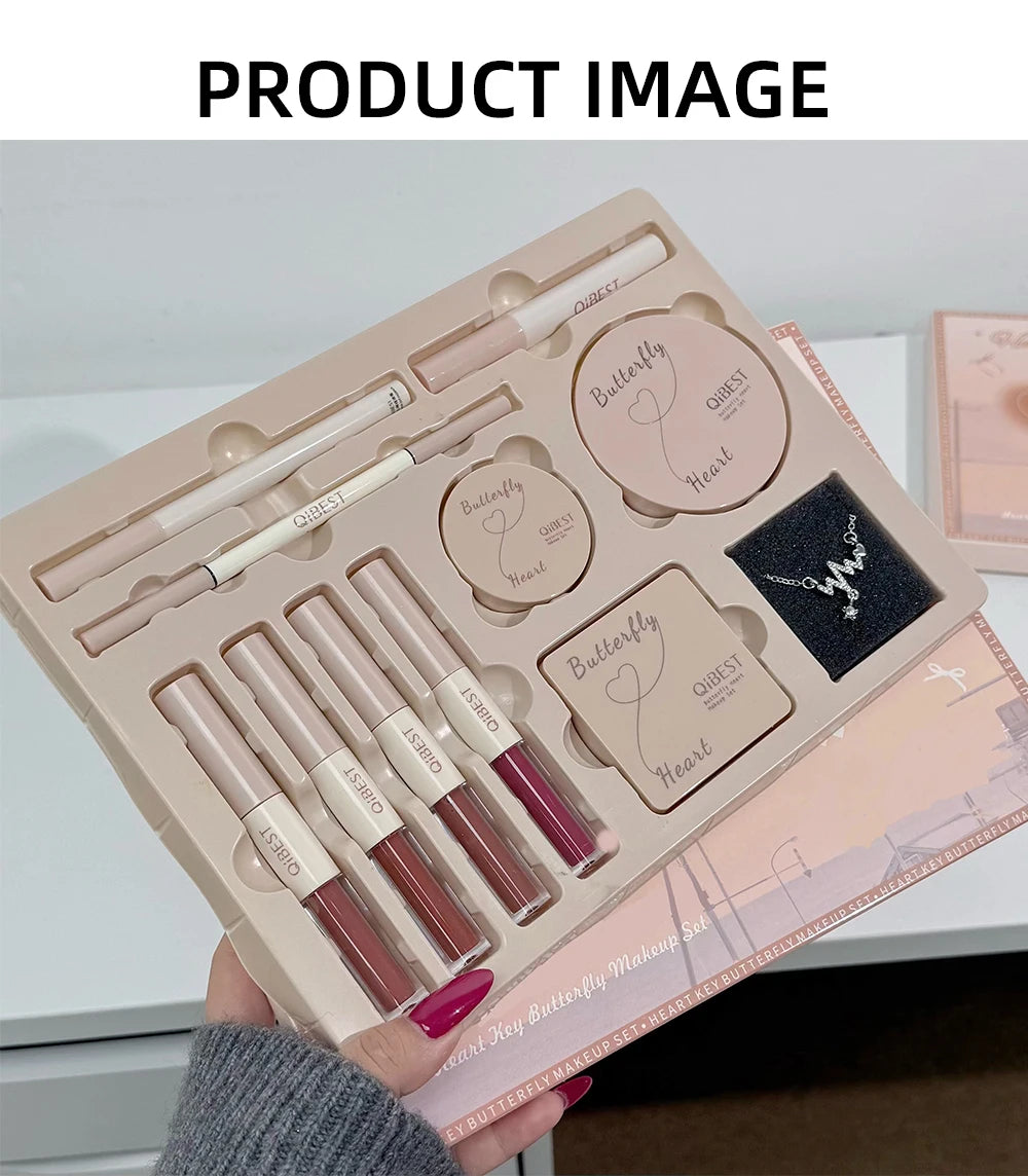 QIBEST Multipurpose Makeup Set 4pc Double Head Lip Glaze, Face Pressed Powder,Blusher,Eyeshadow, Eyebrow Pencil,Eyeliner,Lip Oil