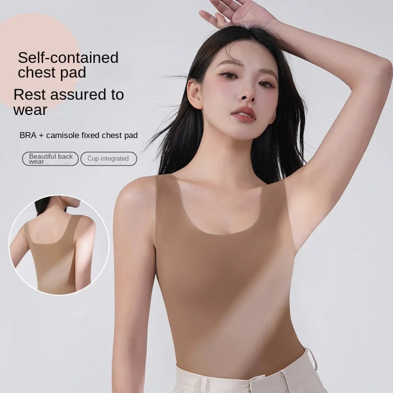 2 piezas/lote de camiseta sin mangas de seda sin costuras con almohadilla fija en el pecho para mujer, camisola sin mangas, ropa interior exterior, camisola de verano de alta elasticidad