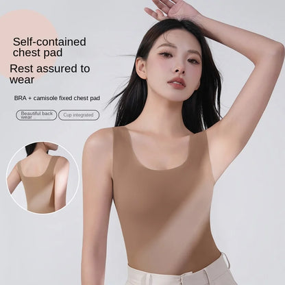2 piezas/lote de camiseta sin mangas de seda sin costuras con almohadilla fija en el pecho para mujer, camisola sin mangas, ropa interior exterior, camisola de verano de alta elasticidad