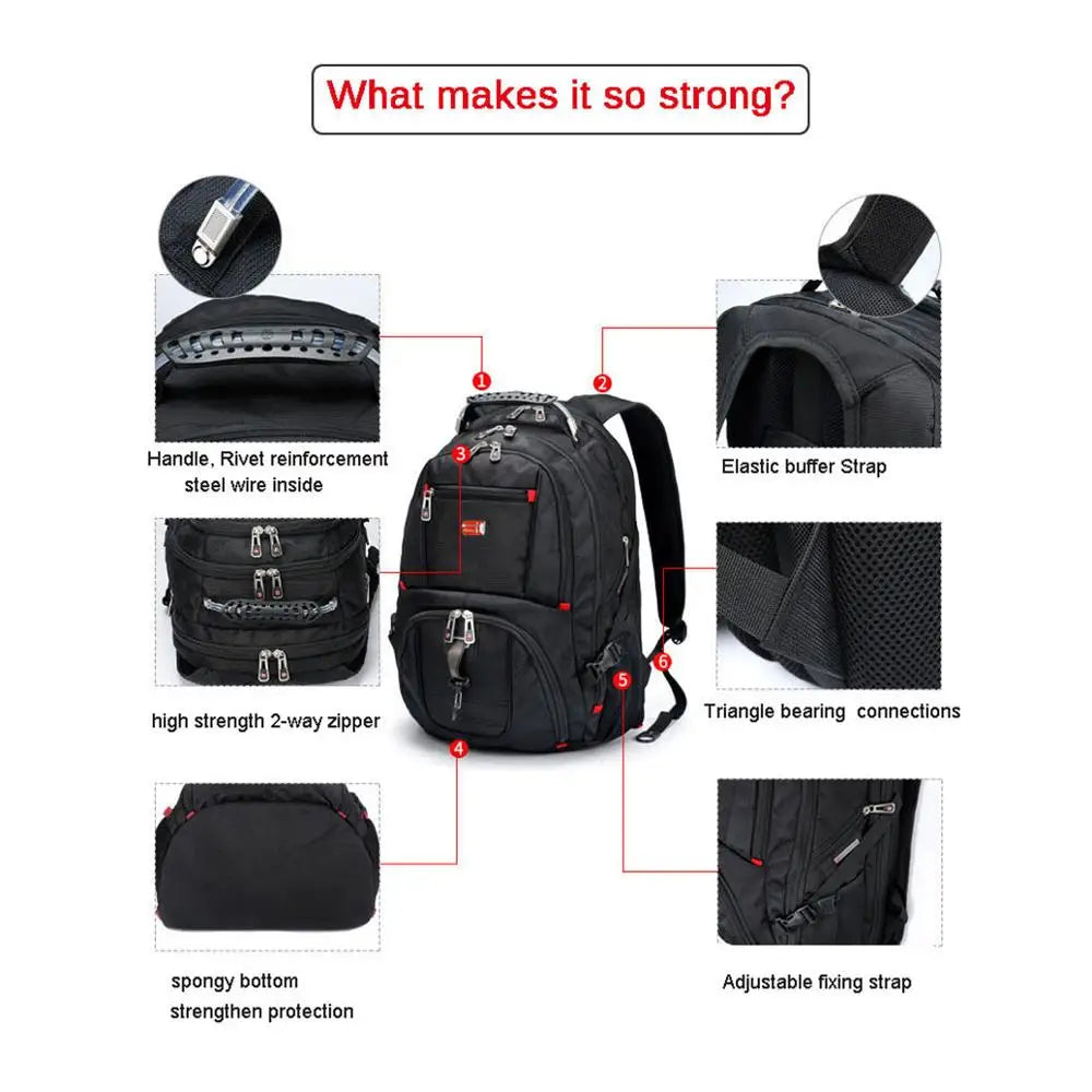 Swiss-Multifunction Bags Mochila duradera para portátil de 17 pulgadas, bolsa de viaje, mochila universitaria, puerto de carga USB, resistente al agua