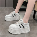 8cm Leather Flats Casual Dad Shoes Chunky Sneakers 2025 Women Platform Sports Shoes Ladies Skateboard Hidden Heels Shoes Tennis