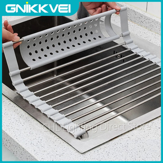 Escurridor de platos enrollable sobre fregadero, escurridor de platos de acero inoxidable 304, organizador de estante, almacenamiento de platos de vajilla, accesorios de cocina