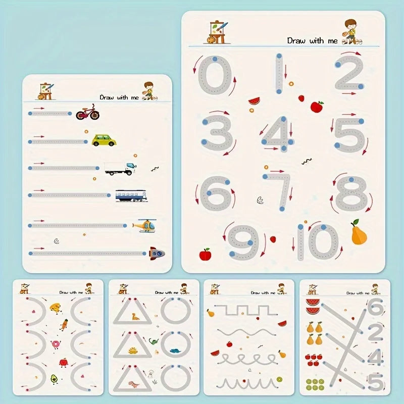 Caderno de Exercícios Mágico Reutilizável de 34 Páginas para Caligrafia e Desenho, Treinamento Educativo de Controle da Caneta, Inclui Caneta e Apagador; Essencial para Aprendizado, Uso em Sala de Aula e Presente de Anive