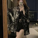 Plus Size Chubby MM Ink Printed Chiffon Sunscreen Shirt 300 Pounds Summer Retro Loose Long Sleeved Top Jacket for Women