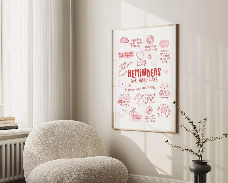 Reminders for Hard Days, Mental Health Office Decor, Therapy Poster, Positive Affirmations, Calming Corner Wall Cavans Art