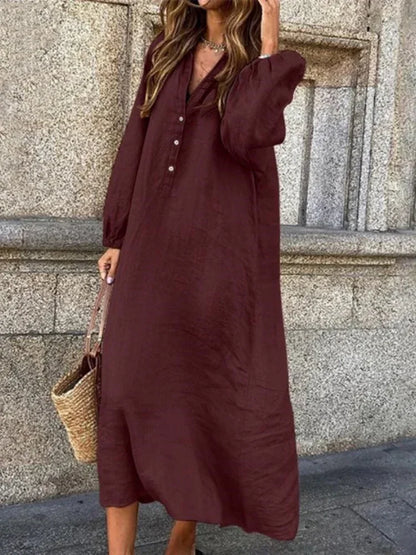 Vestido de algodão e cânhamo feminino, robe de manga comprida, decote em v, meio aberto, monocromático, casual, elegante, tamanhos grandes, moda verão, 2022